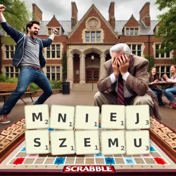 Kreatywna ilustracja do gry w Scrabble ze słowem MNIEJSZEMU ułożonym z płytek na planszy.