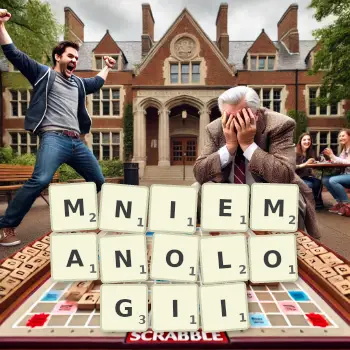 Kreatywna ilustracja do gry w Scrabble ze słowem MNIEMANOLOGII ułożonym z płytek na planszy.