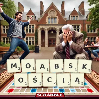 Kreatywna ilustracja do gry w Scrabble ze słowem MOABSKOŚCIĄ ułożonym z płytek na planszy.