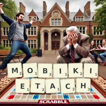 Kreatywna ilustracja do gry w Scrabble ze słowem MOBIKIETACH ułożonym z płytek na planszy.