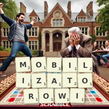 Kreatywna ilustracja do gry w Scrabble ze słowem MOBILIZATOROWI ułożonym z płytek na planszy.