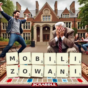 Kreatywna ilustracja do gry w Scrabble ze słowem MOBILIZOWANI ułożonym z płytek na planszy.