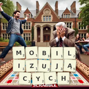 Kreatywna ilustracja do gry w Scrabble ze słowem MOBILIZUJĄCYCH ułożonym z płytek na planszy.