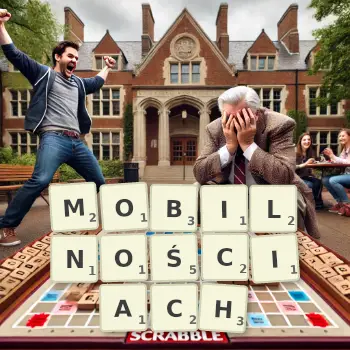 Kreatywna ilustracja do gry w Scrabble ze słowem MOBILNOŚCIACH ułożonym z płytek na planszy.