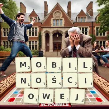 Kreatywna ilustracja do gry w Scrabble ze słowem MOBILNOŚCIOWEJ ułożonym z płytek na planszy.