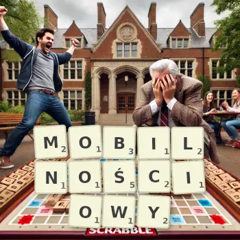 Kreatywna ilustracja do gry w Scrabble ze słowem MOBILNOŚCIOWY ułożonym z płytek na planszy.