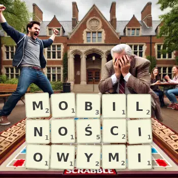 Kreatywna ilustracja do gry w Scrabble ze słowem MOBILNOŚCIOWYMI ułożonym z płytek na planszy.