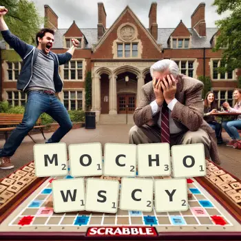 Kreatywna ilustracja do gry w Scrabble ze słowem MOCHOWSCY ułożonym z płytek na planszy.