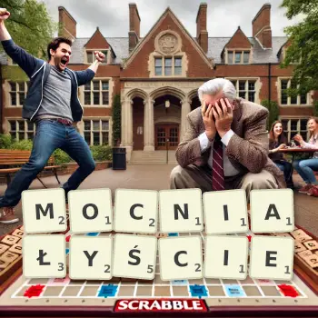 Kreatywna ilustracja do gry w Scrabble ze słowem MOCNIAŁYŚCIE ułożonym z płytek na planszy.