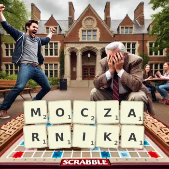 Kreatywna ilustracja do gry w Scrabble ze słowem MOCZARNIKA ułożonym z płytek na planszy.