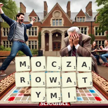 Kreatywna ilustracja do gry w Scrabble ze słowem MOCZAROWATYMI ułożonym z płytek na planszy.