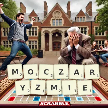 Kreatywna ilustracja do gry w Scrabble ze słowem MOCZARYZMIE ułożonym z płytek na planszy.
