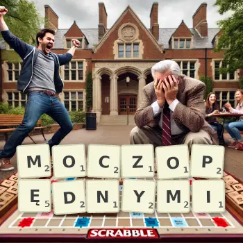 Kreatywna ilustracja do gry w Scrabble ze słowem MOCZOPĘDNYMI ułożonym z płytek na planszy.