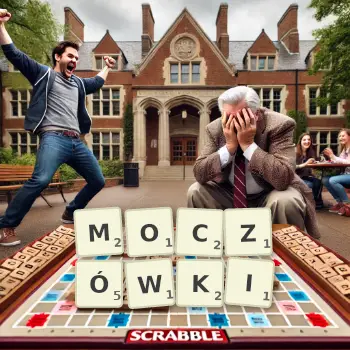 Kreatywna ilustracja do gry w Scrabble ze słowem MOCZÓWKI ułożonym z płytek na planszy.