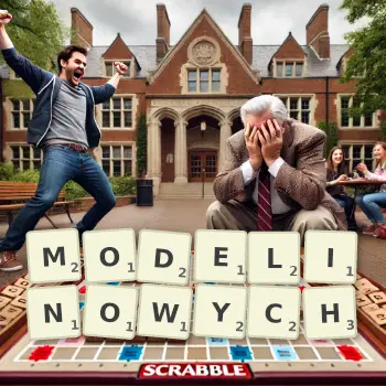 Kreatywna ilustracja do gry w Scrabble ze słowem MODELINOWYCH ułożonym z płytek na planszy.