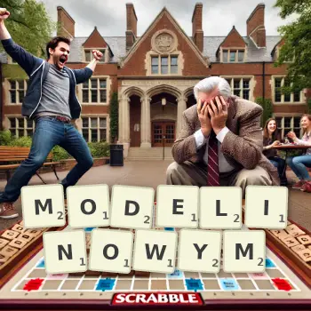 Kreatywna ilustracja do gry w Scrabble ze słowem MODELINOWYM ułożonym z płytek na planszy.