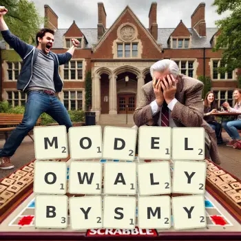 Kreatywna ilustracja do gry w Scrabble ze słowem MODELOWALYBYSMY ułożonym z płytek na planszy.