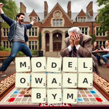 Kreatywna ilustracja do gry w Scrabble ze słowem MODELOWAŁABYM ułożonym z płytek na planszy.