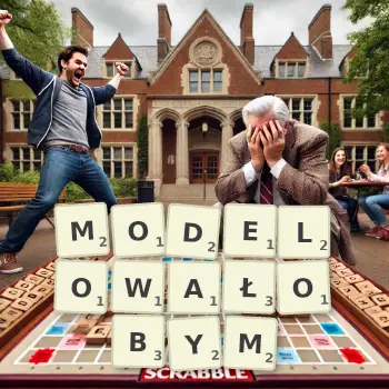 Kreatywna ilustracja do gry w Scrabble ze słowem MODELOWAŁOBYM ułożonym z płytek na planszy.
