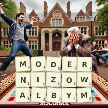 Kreatywna ilustracja do gry w Scrabble ze słowem MODERNIZOWALBYM ułożonym z płytek na planszy.