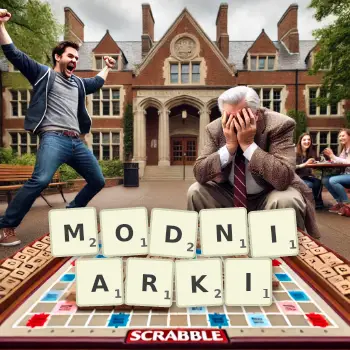 Kreatywna ilustracja do gry w Scrabble ze słowem MODNIARKI ułożonym z płytek na planszy.