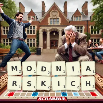 Kreatywna ilustracja do gry w Scrabble ze słowem MODNIARSKICH ułożonym z płytek na planszy.