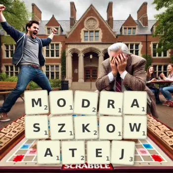Kreatywna ilustracja do gry w Scrabble ze słowem MODRASZKOWATEJ ułożonym z płytek na planszy.