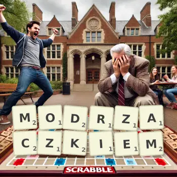 Kreatywna ilustracja do gry w Scrabble ze słowem MODRZACZKIEM ułożonym z płytek na planszy.