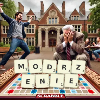Kreatywna ilustracja do gry w Scrabble ze słowem MODRZENIE ułożonym z płytek na planszy.