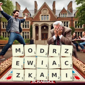 Kreatywna ilustracja do gry w Scrabble ze słowem MODRZEWIACZKAMI ułożonym z płytek na planszy.