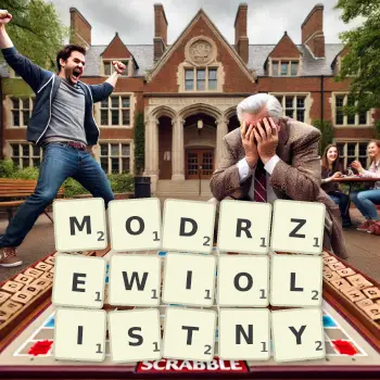 Kreatywna ilustracja do gry w Scrabble ze słowem MODRZEWIOLISTNY ułożonym z płytek na planszy.