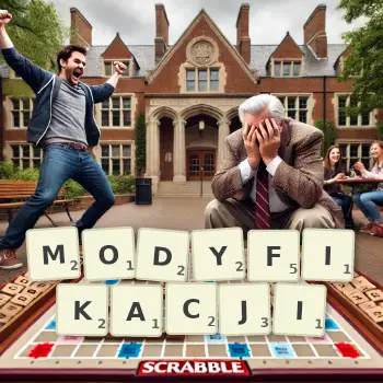 Kreatywna ilustracja do gry w Scrabble ze słowem MODYFIKACJI ułożonym z płytek na planszy.