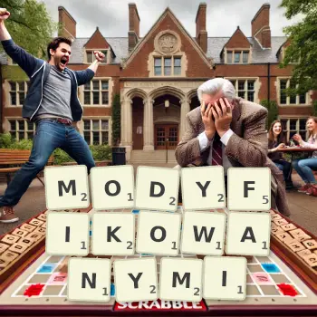 Kreatywna ilustracja do gry w Scrabble ze słowem MODYFIKOWANYMI ułożonym z płytek na planszy.