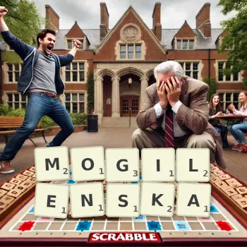 Kreatywna ilustracja do gry w Scrabble ze słowem MOGILENSKA ułożonym z płytek na planszy.