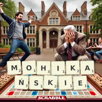 Kreatywna ilustracja do gry w Scrabble ze słowem MOHIKAŃSKIE ułożonym z płytek na planszy.