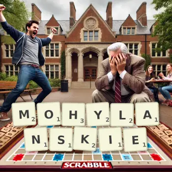 Kreatywna ilustracja do gry w Scrabble ze słowem MOHYLANSKIE ułożonym z płytek na planszy.