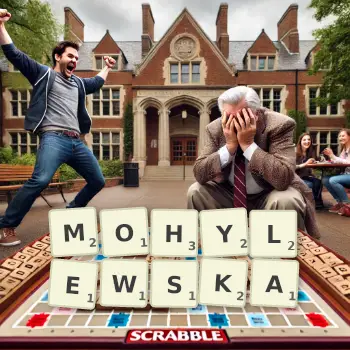 Kreatywna ilustracja do gry w Scrabble ze słowem MOHYLEWSKA ułożonym z płytek na planszy.