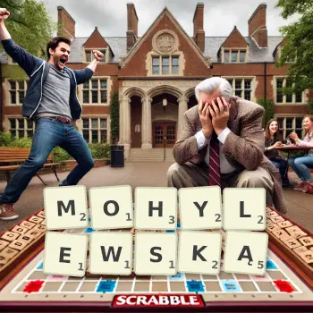 Kreatywna ilustracja do gry w Scrabble ze słowem MOHYLEWSKĄ ułożonym z płytek na planszy.