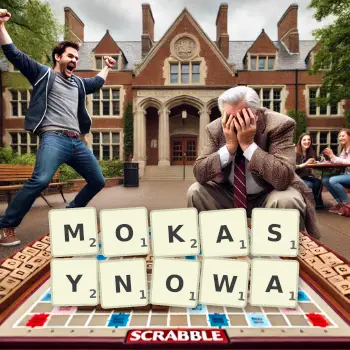 Kreatywna ilustracja do gry w Scrabble ze słowem MOKASYNOWA ułożonym z płytek na planszy.