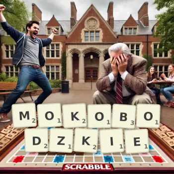Kreatywna ilustracja do gry w Scrabble ze słowem MOKOBODZKIE ułożonym z płytek na planszy.