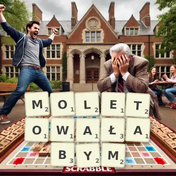 Kreatywna ilustracja do gry w Scrabble ze słowem MOLETOWAŁABYM ułożonym z płytek na planszy.