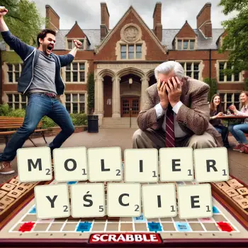 Kreatywna ilustracja do gry w Scrabble ze słowem MOLIERYŚCIE ułożonym z płytek na planszy.
