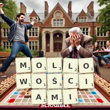 Kreatywna ilustracja do gry w Scrabble ze słowem MOLLOWOŚCIAMI ułożonym z płytek na planszy.