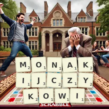 Kreatywna ilustracja do gry w Scrabble ze słowem MONAKIJCZYKOWI ułożonym z płytek na planszy.