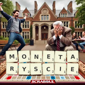 Kreatywna ilustracja do gry w Scrabble ze słowem MONETARYSCIE ułożonym z płytek na planszy.