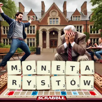 Kreatywna ilustracja do gry w Scrabble ze słowem MONETARYSTÓW ułożonym z płytek na planszy.