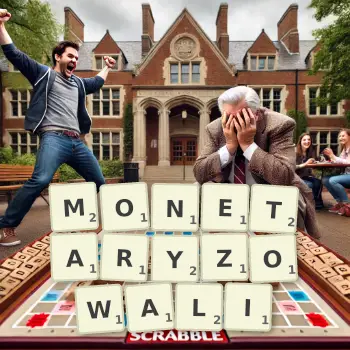 Kreatywna ilustracja do gry w Scrabble ze słowem MONETARYZOWALI ułożonym z płytek na planszy.