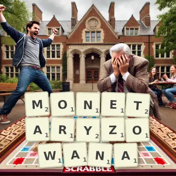 Kreatywna ilustracja do gry w Scrabble ze słowem MONETARYZOWANA ułożonym z płytek na planszy.