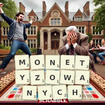 Kreatywna ilustracja do gry w Scrabble ze słowem MONETYZOWANYCH ułożonym z płytek na planszy.