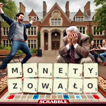 Kreatywna ilustracja do gry w Scrabble ze słowem MONETYZOWAŁO ułożonym z płytek na planszy.